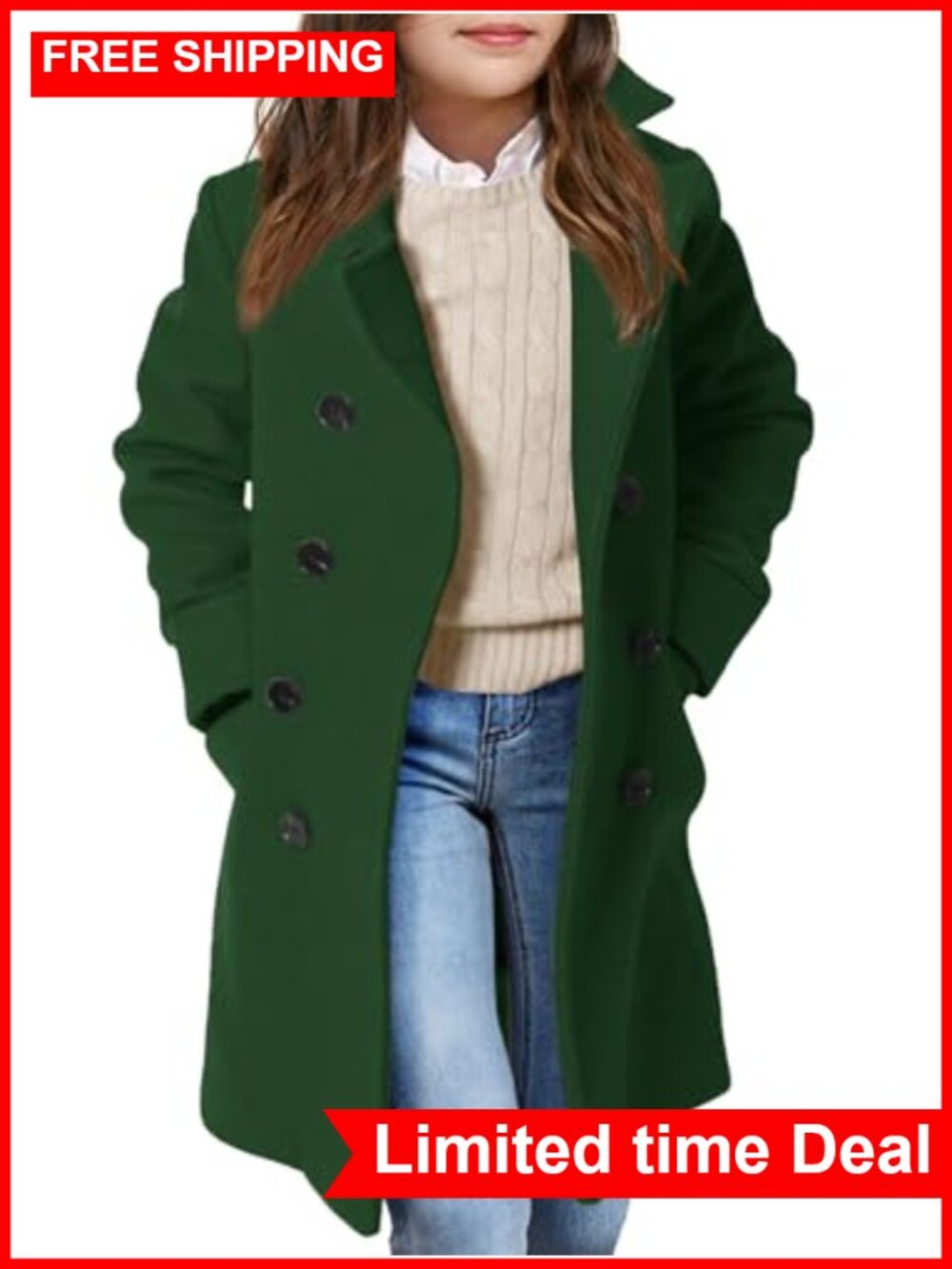 Girls Double Breasted Trench Coat Notch Lapel Long Peacoat